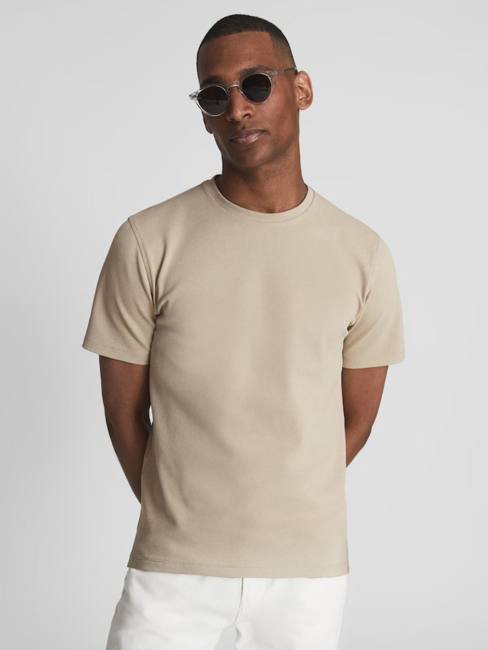 Reiss Preston Honeycomb Crew Neck T-shirt in Oatmeal Cotton - Medium